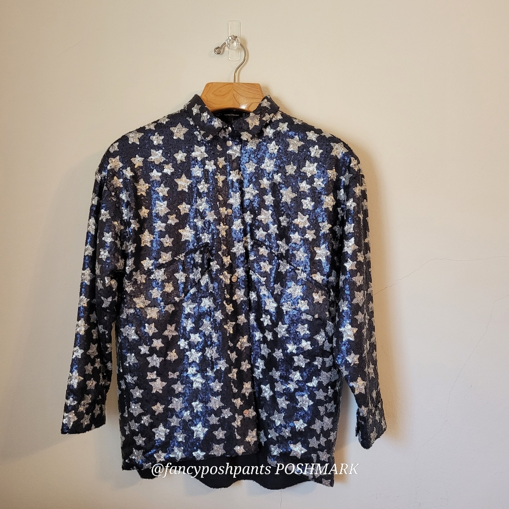 ZARA sequined star BLOGGER FAV! lined snap shirt jacket  2 large patch pockets - Picture 15 of 17